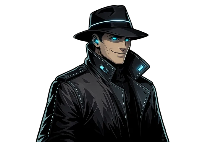 The Broker, wearing a dark coat and hat
